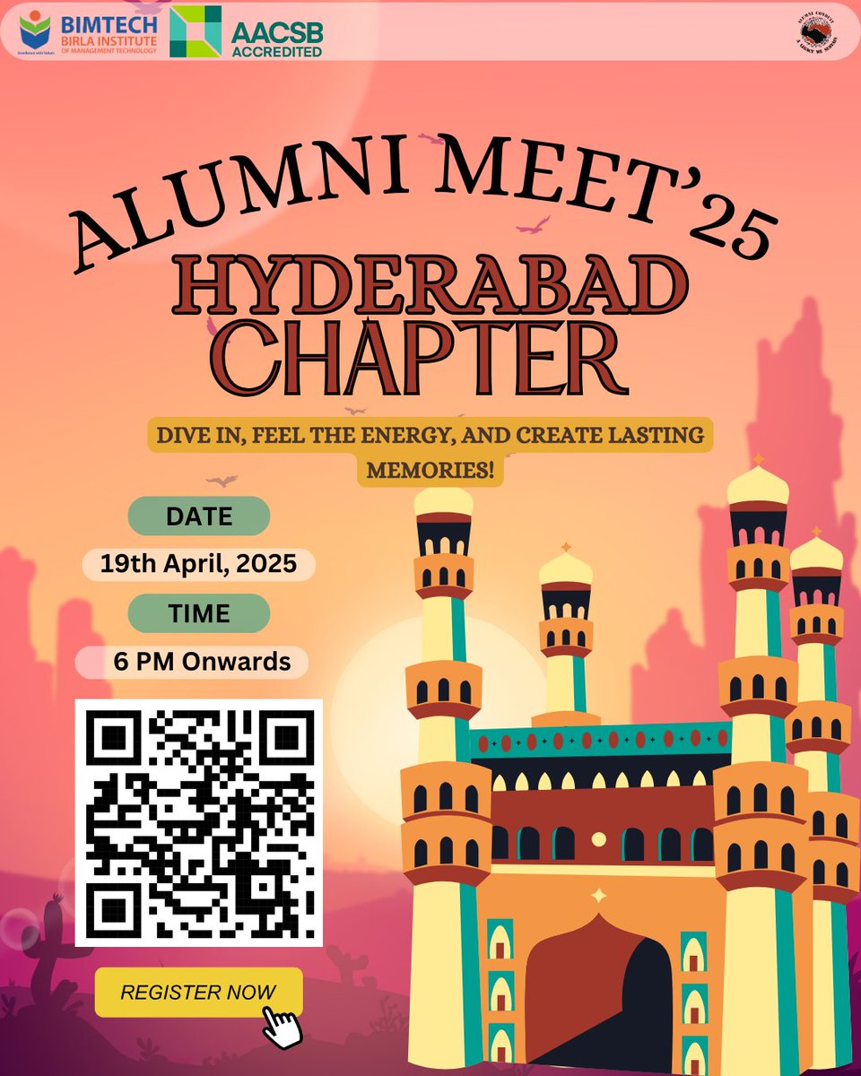 alumni_bimtech's tweet photo. 📢 Alumni Alert! 🎓✨
Hyderabad, we're coming for you!🔥 Join us at BIMTECH Alumni Meet '25 - Hyderabad Chapter to reconnect, relive memories &amp; make new ones! 🫂

📅 19th April 2025 | ⏰ 6 PM onwards | 📍 Hyderabad
Scan the QR code to register!

#BIMTECHAlumni #HyderabadChapter https://t.co/MrASTXATm5