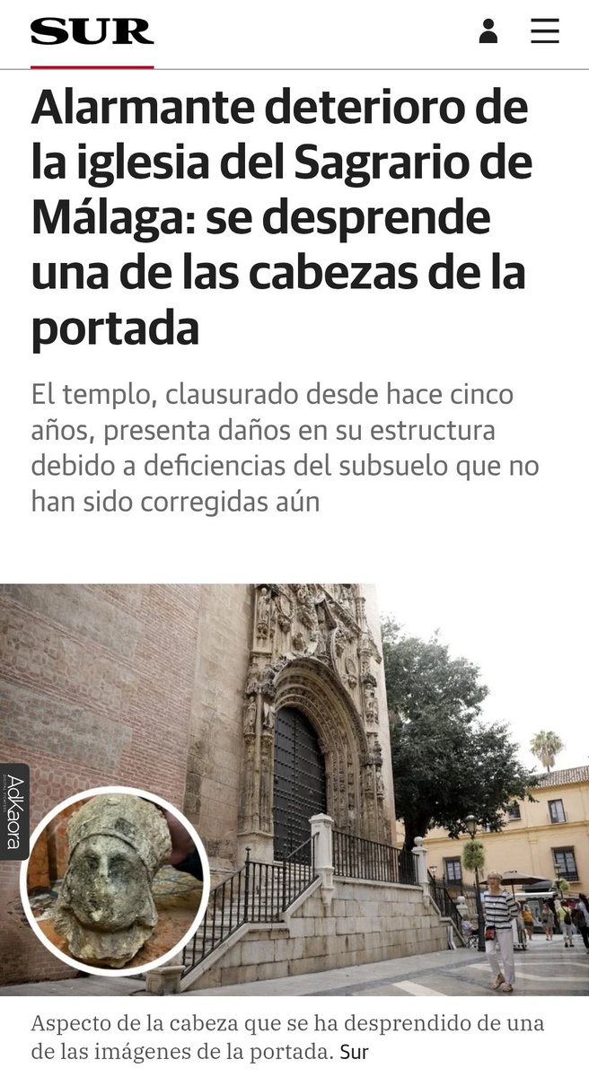 Alarmante deterioro de la iglesia del Sagrario de Málaga: se desprende una de las cabezas de la portada .El templo, clausurado desde hace cinco años, presenta daños en su estructura debido a deficiencias del subsuelo que no han sido corregidas aún