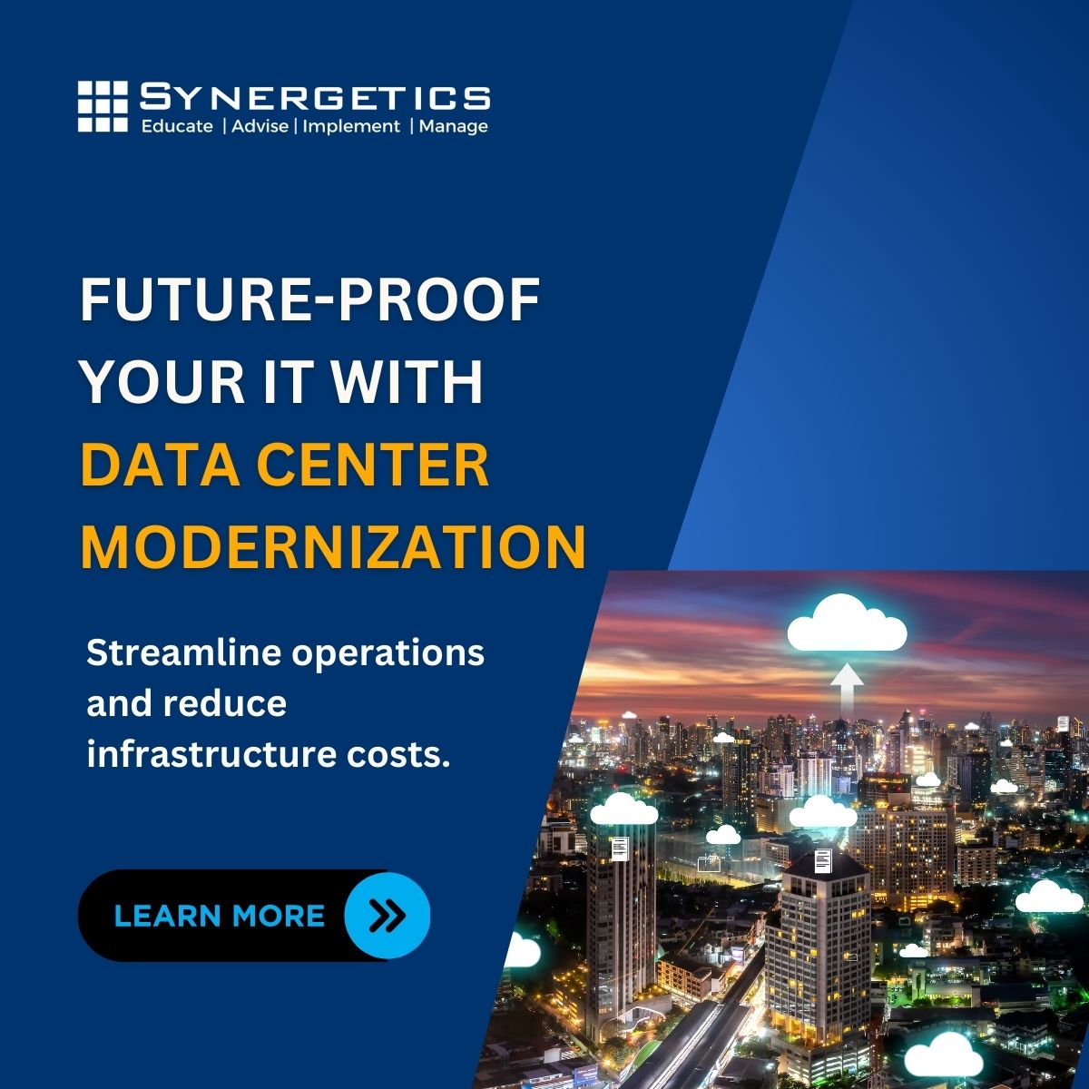 Future-Proof Your IT!

💡 Modernize your data center for efficiency &amp; cost savings.

Upgrade now! ⚙️

#DataCenter #ITModernization #SynergeticCloudConsultant