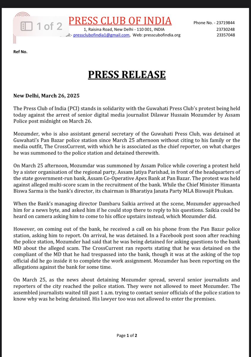PCITweets's tweet photo. The Press Club of India stands in solidarity with the Guwahati Press Club's protest being held today against the arrest of senior digital media journalist Dilawar Hussain Mozumder by Assam Police post midnight on March 26.

We condemn the Assam Police's highhandedness in the matter.

We also urges the Assam Government and Chief Minister Himanta Biswa Sarma to look into the matter, and ensure that the state police respect the true spirit of the SC/ST Act while also taking into consideration that there must not be any false charges lodged against a reporter who belongs to a backward, minority community, and was covering a sensitive corruption-related protest as part of his routine job.