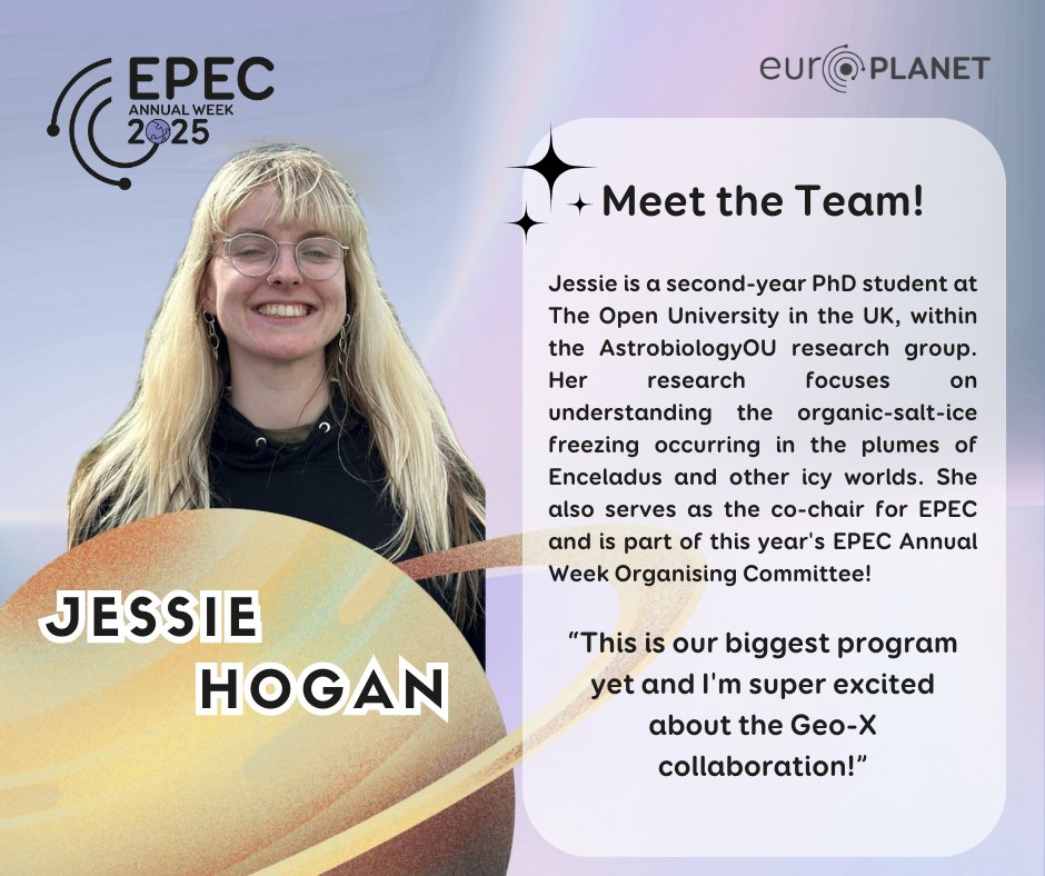 Meet the team behind EPEC Annual Week!
First up, <a href="/_jessiehogan/">Jessie Hogan</a>, co-chair of #EPEC and key player in organizing #EPECAnnualWeek 2025! She’s been working hard to bring you an unforgettable event. Don’t miss it!
Register now: europlanet.org/epec-annual-we…
#Europlanet #PlanetaryScience