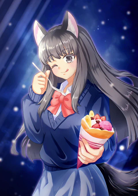 今月描いたデジタルイラストです描きたかった物を全部つめ込みました【けもみみ】と【制服】と【クレープ】と【夜空】ですね#イラスト#illustration 