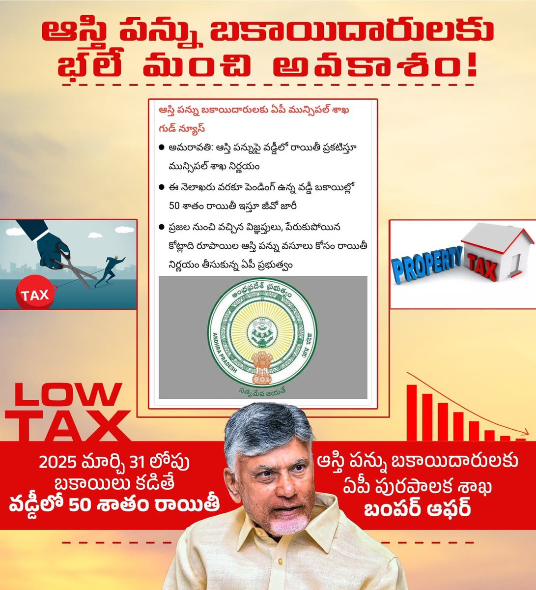 chiranjeevimlc's tweet photo. ఆస్తి పన్ను బకాయిలు చెల్లించేందుకు ఎన్డీఏ ప్రభుత్వం మంచి అవకాశం కల్పించింది. మార్చి 31లోగా బకాయిలన్నీ చెల్లిస్తే, వడ్డీలో 50% రాయితీ ఇస్తామని ఏపీ పురపాలక శాఖ బంపర్ ఆఫర్ ప్రకటించింది.
#IdiManchiPrabhutvam 
#ChandrababuNaidu 
#vepadachiranjeevirao https://t.co/fKVNTTfRpi