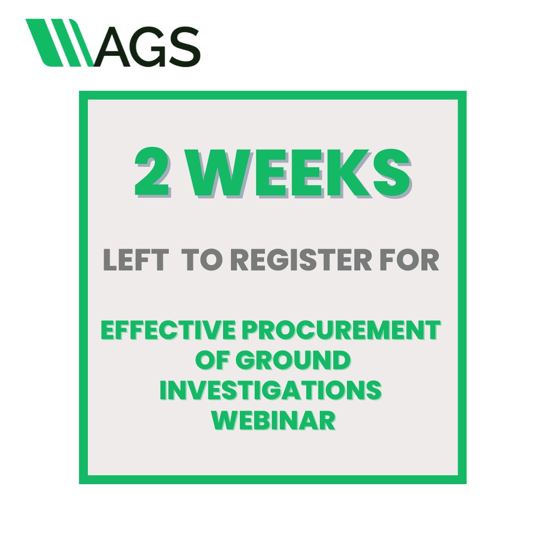 Two weeks to go until the AGS webinar on Effective Procurement of Ground Investigations.

Taking place on Wednesday 9th April 2025 at 11am.

The webinar is free to attend for members and £50 (ex VAT) for non-members.

To register, please visit ags.org.uk/item/effective…