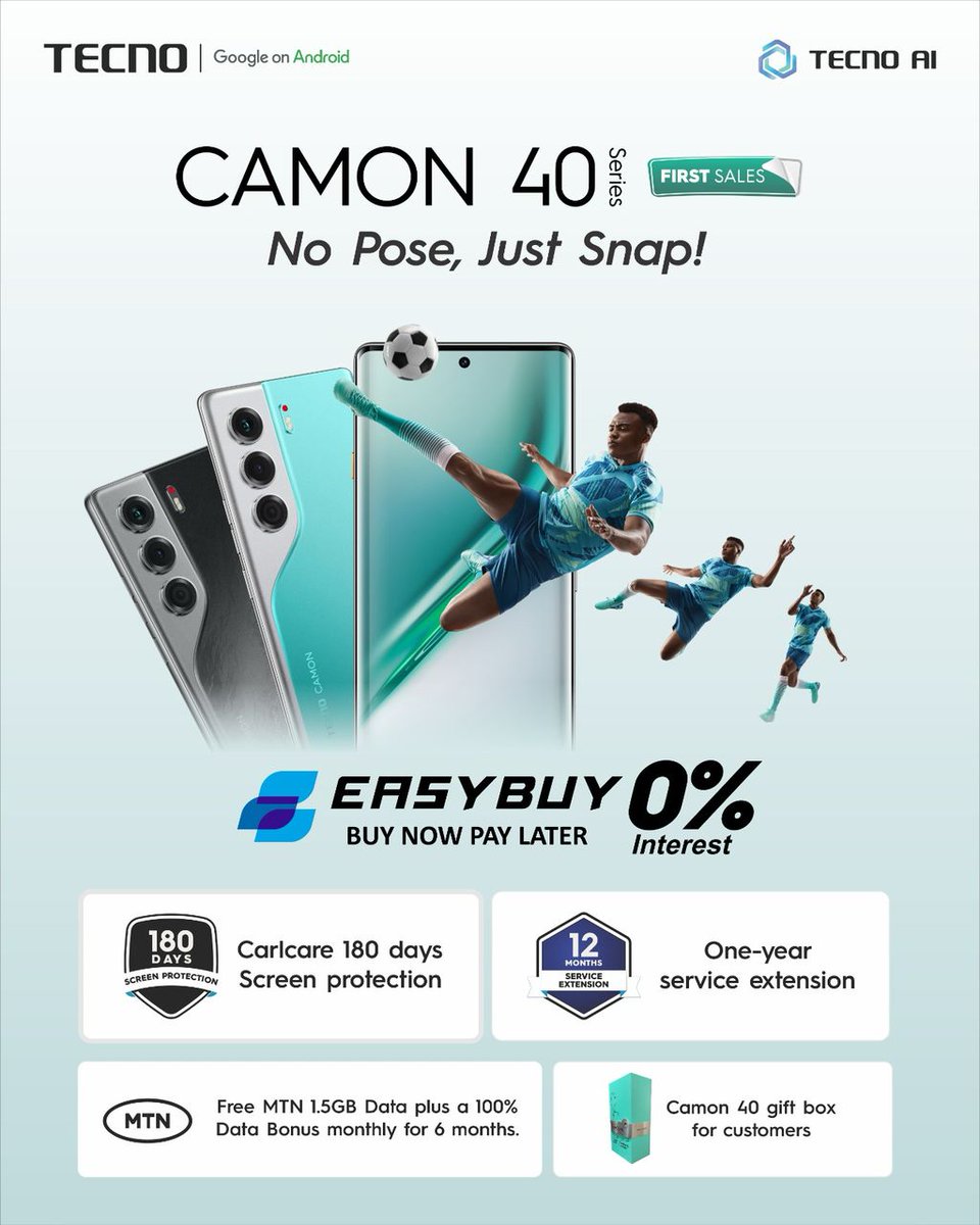 Enjoy premium features at an easy price! Buy the CAMON 40 Series today and spread the payment. Pay as low as just N1000 daily with #TECNOxEasyBuy with 0% interest rate. Visit any trusted TECNO store to start!
#CAMON40Series #NoPoseJustSnap