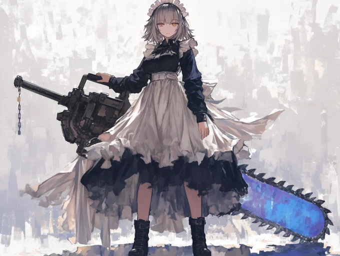 メイドさんが馬鹿でかいチェーンソーを持ってるだけで俺はもうかなり嬉しくなっちまうんだわnijijourney 