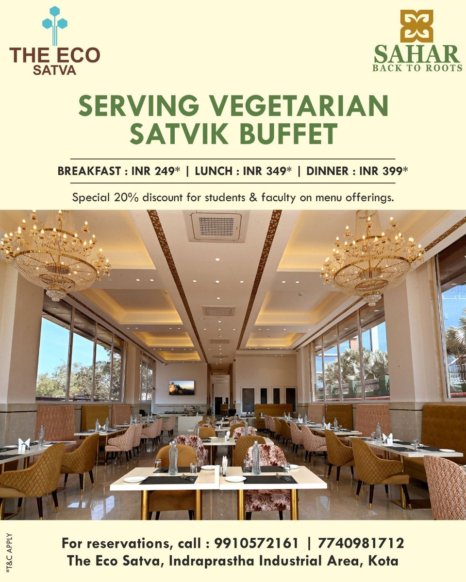 EcoHotelsIndia's tweet photo. Enjoy a hearty meal at Sahar, the exquisite dining venue at The Eco Satva, Kota. Special discount for students and faculty of educational institutions. https://t.co/kckoUHvKFl