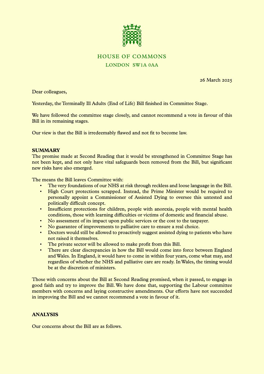 Jess4Lowestoft's tweet photo. Along with other Labour colleagues I have written to MPs today following the conclusion of the Assisted Dying Bill's Committee Stage to outline why this Bill remains irredeemably flawed and unfit to become law. https://t.co/mvEf8s95MA