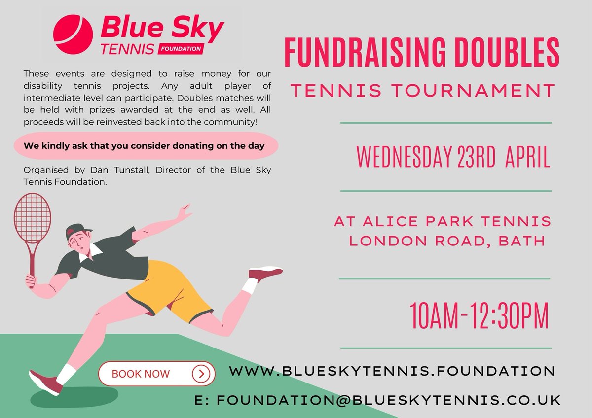 Blue Sky Tennis are running a fundraising doubles tennis tournament in April at Alice Park in Bath! The event is to raise money for their disability tennis projects. Find out more and sign up here docs.google.com/forms/d/e/1FAI…