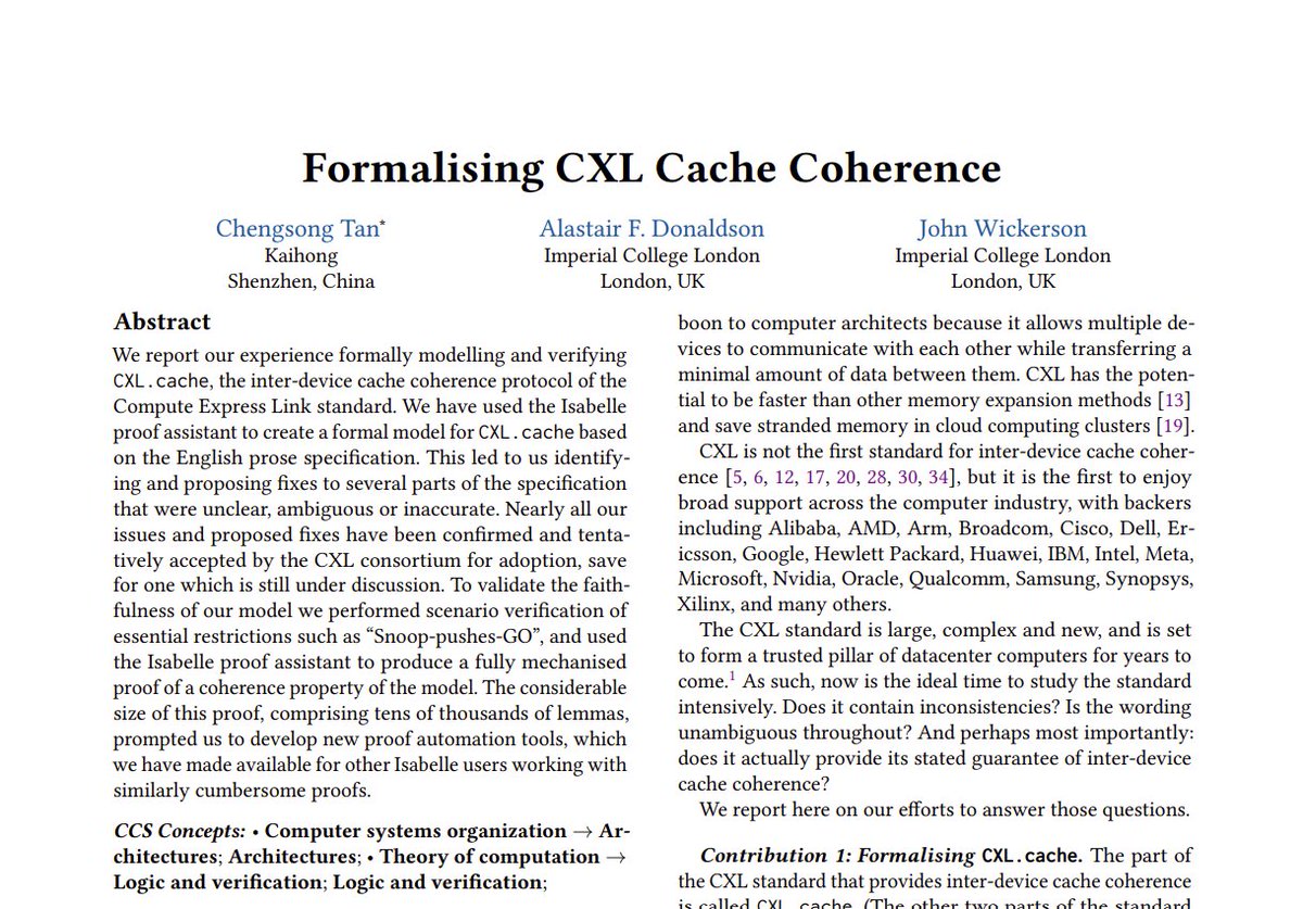 Check out our work on Formalising CXL Cache Coherence, which Chengsong Tan will present at <a href="/ASPLOSConf/">ASPLOS</a> next week (joint with <a href="/wicko3/">John Wickerson</a>)

doc.ic.ac.uk/~afd/papers/20…