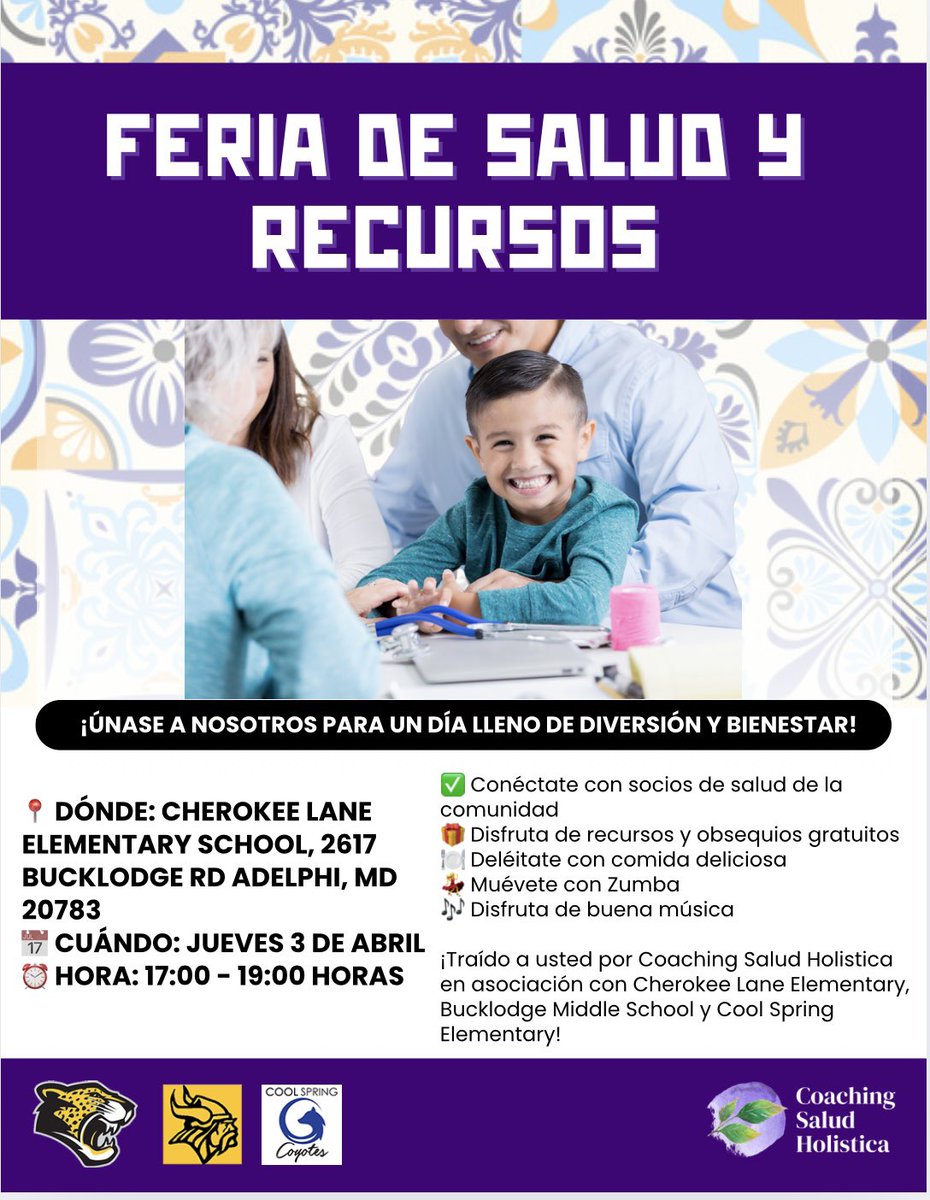 Gesireth Mariscal (@ms_mariscal) on Twitter photo <a href="/PGCPS_OCS/">PGCPS Office of Community Schools</a> <a href="/CherokeeLane_ES/">Cherokee Lane ES</a> <a href="/BuckLodgeMS/">BuckLodgeMS</a> & Cools Springs ES
We are excited to host our Health Fair, organized by Coaching Salud Holistic in collaboration with Bucklodge MS and Cool Spring!
🩺✨ Come connect with community health partners, enjoy free resources and giveaways!! <a href="/PGCPS_OCS/">PGCPS Office of Community Schools</a> <a href="/CherokeeLane_ES/">Cherokee Lane ES</a> <a href="/BuckLodgeMS/">BuckLodgeMS</a> & Cools Springs ES
We are excited to host our Health Fair, organized by Coaching Salud Holistic in collaboration with Bucklodge MS and Cool Spring!
🩺✨ Come connect with community health partners, enjoy free resources and giveaways!!