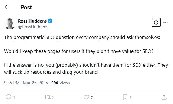 darth_na's tweet photo. .
🔥 :: THIS is the question! :: 🔥

Well - almost the right one...
It has Nothing to do with "programmatic".
It's not about "dragging your brand".

It's about User Satisfaction!
It's about Business!

@JohnMu used to ask a question akin to the one below (in the Google Webmaster Forums, back in 2008+):
"If it wasn't for Google, would you do that?"

If you have pages/content,
that do nothing for Users - then they are candidates for being cut.

If they have some SEO value,
(such as inbound links, topic+intent boosting etc.),
then they may be candidates for merging or rewriting.

It's why I advise against :
* Churning out content because of "topical maps"
* Producing content based on "search volume"

You should not have pages/content solely for :
* SEO Purposes
* SEO gain

Every page and piece of content you produce,
on-site or off-site, should :
1) Contribute to a Business Goal
2) Serve a User Need

It's that simple!

#SEO #DigitalMarketing #Business 

https://t.co/7JOLw2Qb5r