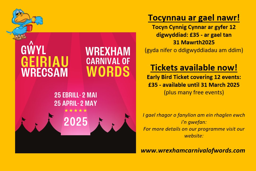 Until Monday 31st March, you can purchase an earlybird #Festival ticket for #wrexcarnival - 12 events included for only £35  wrexhamcarnivalofwords.com