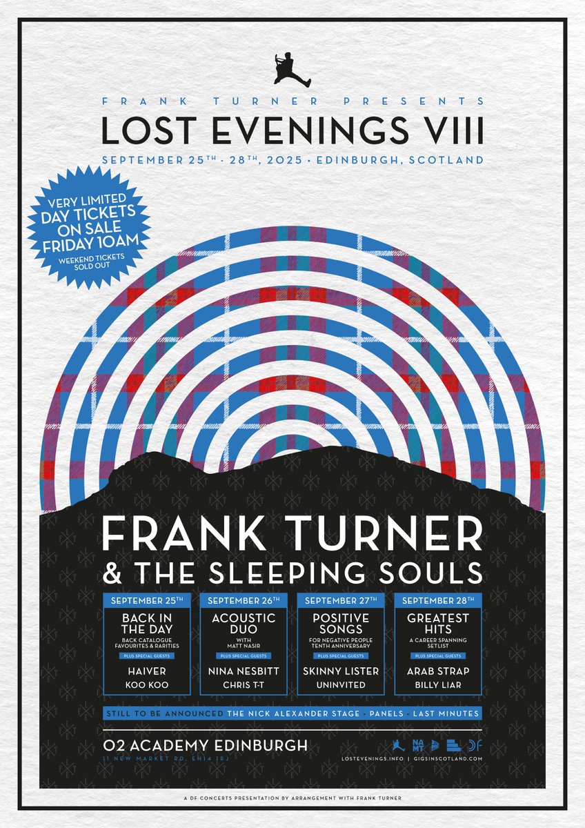 Edinburgh Corn Exchange (@edinburghcornex) on Twitter photo .<a href="/frankturner/">Frank Turner</a> returns with his eighth instalment of the award-winning festival, Lost Evenings.
Special Guests: #Haiver, <a href="/WeAreKooKoo/">Koo Koo</a>, <a href="/ninanesbitt/">Nina Nesbitt</a>, #ChrisT-T, <a href="/SkinnyLister/">Skinny Lister</a>, <a href="/banduninvited/">UNINVITED</a>, <a href="/ArabStrapBand/">Arab Strap</a>, #BillyLiar.
Day Tickets on sale Friday- amg-venues.com/T1iu50VoJ4z.. .<a href="/frankturner/">Frank Turner</a> returns with his eighth instalment of the award-winning festival, Lost Evenings.
Special Guests: #Haiver, <a href="/WeAreKooKoo/">Koo Koo</a>, <a href="/ninanesbitt/">Nina Nesbitt</a>, #ChrisT-T, <a href="/SkinnyLister/">Skinny Lister</a>, <a href="/banduninvited/">UNINVITED</a>, <a href="/ArabStrapBand/">Arab Strap</a>, #BillyLiar.
Day Tickets on sale Friday- amg-venues.com/T1iu50VoJ4z..