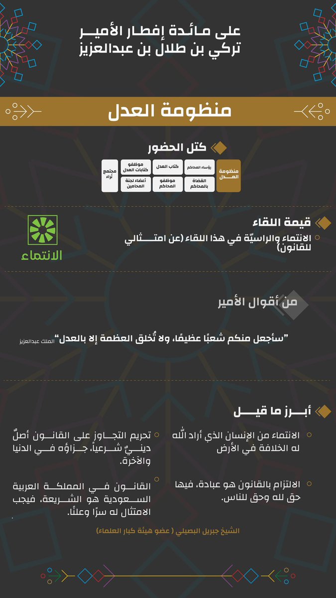 لأن العدل أساس الحكم ولأن الدولة تتكئ على العدل في كل شؤونها، مع حلفائها وأعدائها.

اُستضيفت منظومة العدل في برنامج إفطارات الأمير #تركي_بن_طلال