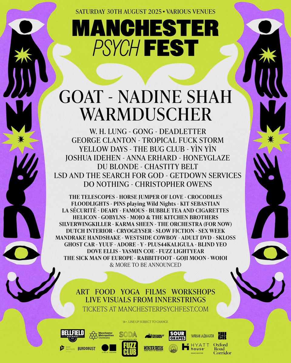 ManchesterPsychFest (@mancpsychfest) on Twitter photo LINE UP
Our next wave of acts for this years Psych Fest is here.
With the likes of <a href="/warmduscherr/">Warmduscher</a>, <a href="/yellowdays/">Yellow Days</a>, <a href="/thebugclubband/">The Bug Club</a>, Yīn Yīn, <a href="/joshuaidehen80/">Joshua Idehen</a>, @GetdownServices and more coming to Manchester on 30th August.
Tickets/info: manchesterpsychfest.com LINE UP
Our next wave of acts for this years Psych Fest is here.
With the likes of <a href="/warmduscherr/">Warmduscher</a>, <a href="/yellowdays/">Yellow Days</a>, <a href="/thebugclubband/">The Bug Club</a>, Yīn Yīn, <a href="/joshuaidehen80/">Joshua Idehen</a>, @GetdownServices and more coming to Manchester on 30th August.
Tickets/info: manchesterpsychfest.com