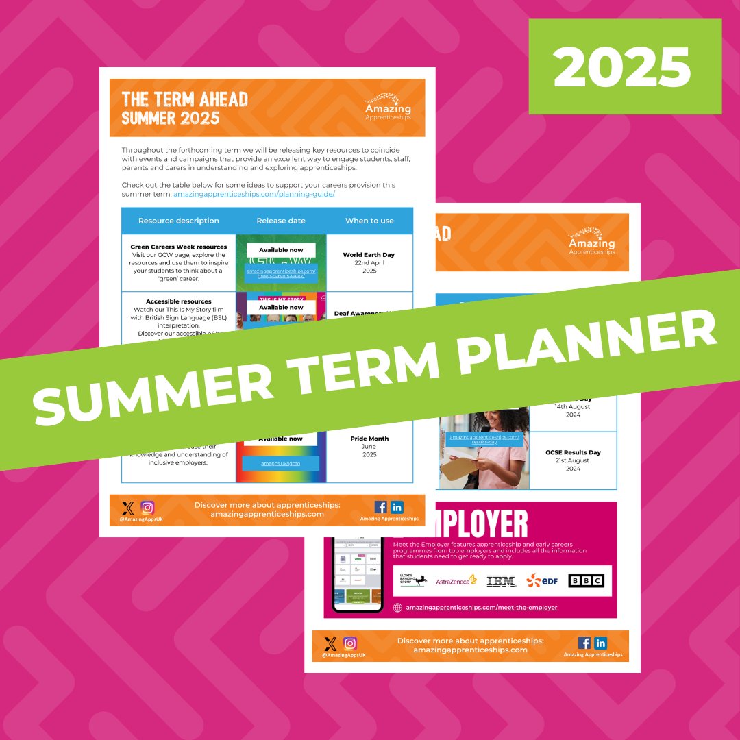 Check out the brand-new Summer Term Ahead Planner for some helpful ideas to support your #careers provision this summer term!

Covering World Earth Day, Black Inclusion Week, Pride Month, Results Days and more, check everything out: 
tinyurl.com/2f9vr7t8

#apprenticeships