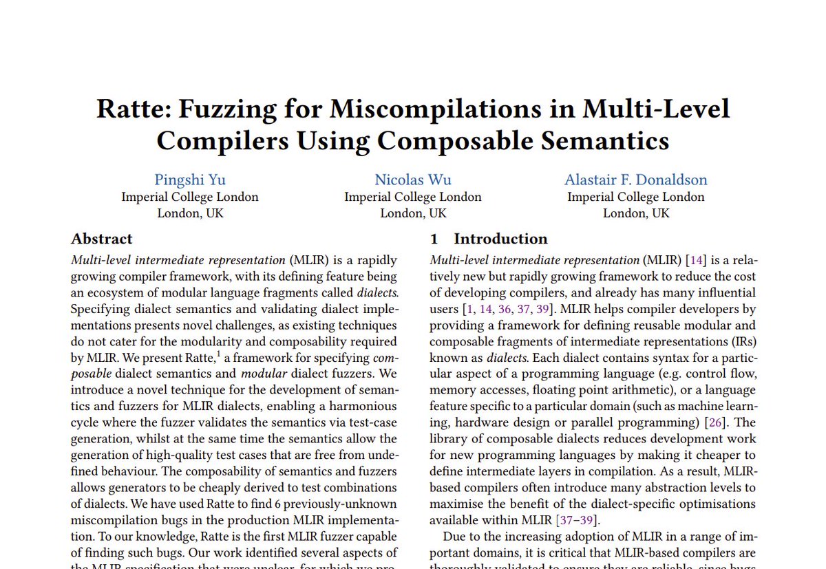 Check out or work on automated testing of MLIR compilers, which Jacob Yu will present at <a href="/ASPLOSConf/">ASPLOS</a> next week (joint work with Nick Wu)

doc.ic.ac.uk/~afd/papers/20…