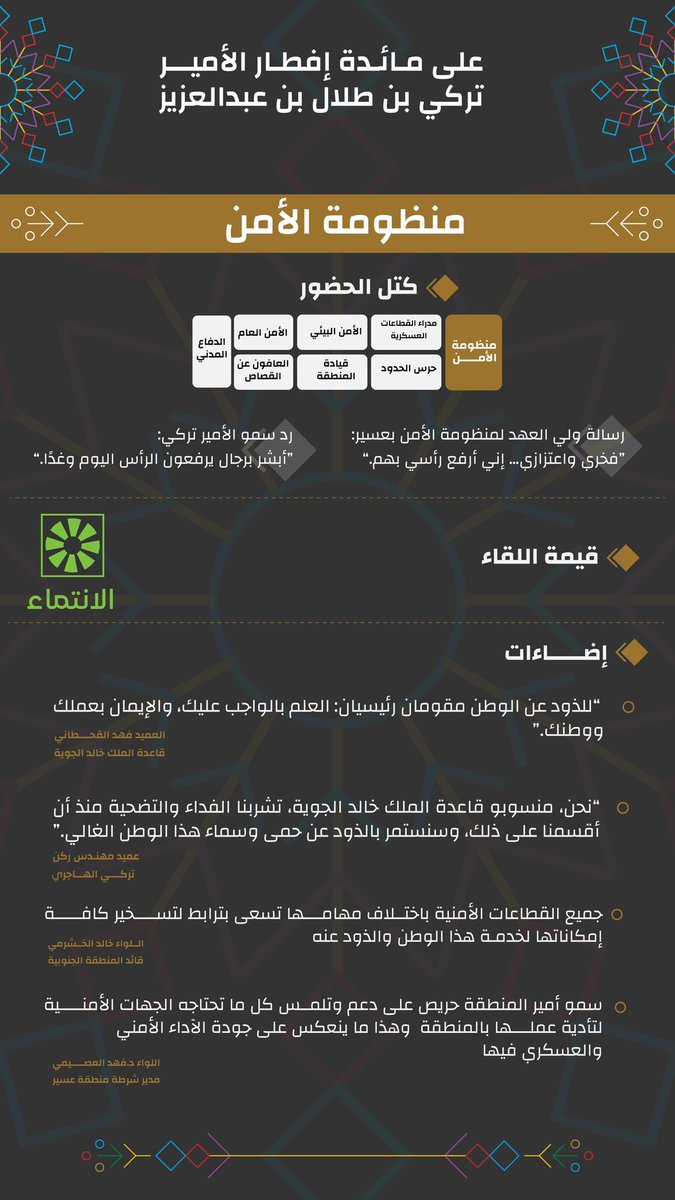 لأن الأمن هو الضابط الرئيسي لحفظ الاستقرار والنظام في المنطقة، ولأن دعم منظومة الأمن بالمنطقة هو منهج قيادة البلاد

 اُستضيفت منظومة الأمن في برنامج إفطارات الأمير #تركي_بن_طلال