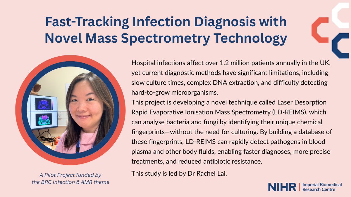 NIHR Imperial BRC Infection & AMR (@brcinfection) on Twitter photo Another project funded through our 2nd Pilot Project Call is led by Dr <a href="/rachelpjlai/">Rachel Lai</a> 👏. Her work focuses on fast-tracking infection diagnosis with cutting-edge technology, leveraging the convergence of microbiology, analytical chemistry, and bioinformatics ⚡️👩🔬 Another project funded through our 2nd Pilot Project Call is led by Dr <a href="/rachelpjlai/">Rachel Lai</a> 👏. Her work focuses on fast-tracking infection diagnosis with cutting-edge technology, leveraging the convergence of microbiology, analytical chemistry, and bioinformatics ⚡️👩🔬