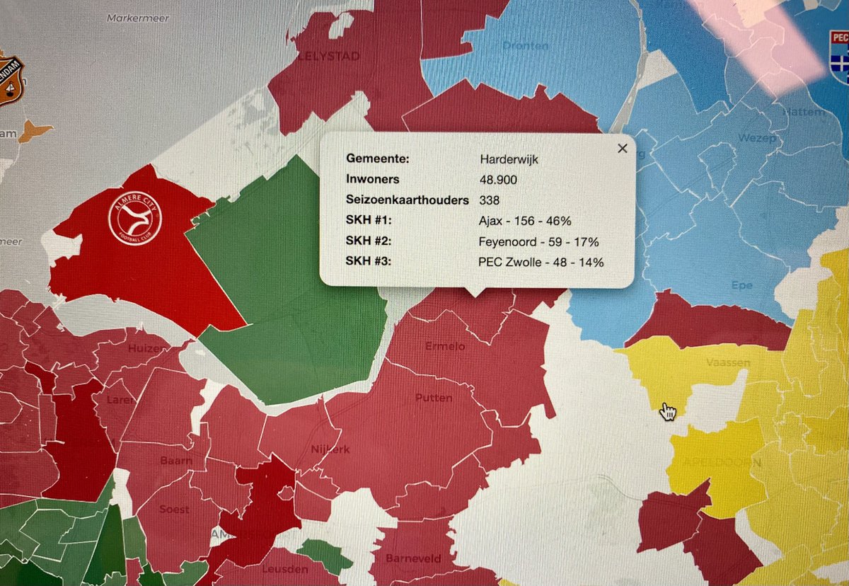 Interessant kaartje van de <a href="/KNVB/">KNVB</a>. Harderwijk heeft 338 seizoenkaarthouders in het betaald voetbal, waarvan 2 seizoenskaarten van <a href="/necnijmegen/">N.E.C. Nijmegen</a> weet ik uit betrouwbare bronnen… Ajax, Feyenoord en PEC Zwolle op de podiumplaatsen #voetbal #NECNijmegen