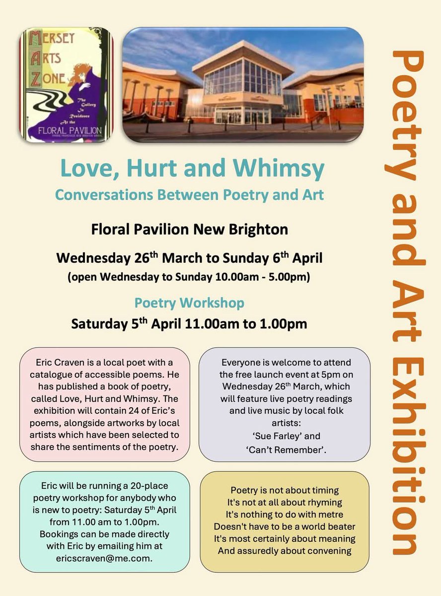 MerseyArtsZone's tweet photo. Free Event 

We are open from 5pm today for the free event Love, Hurt and Whimsy.  Live poetry and music and art exhibition.

Poet Eric Craven, artists Gem Kennelly and Eve Kennell, musicians Sue Farley and Can't Remember. The Floral Cafe will be open. MAZ at the @FloralPavilion. https://t.co/YPvzGWUd95