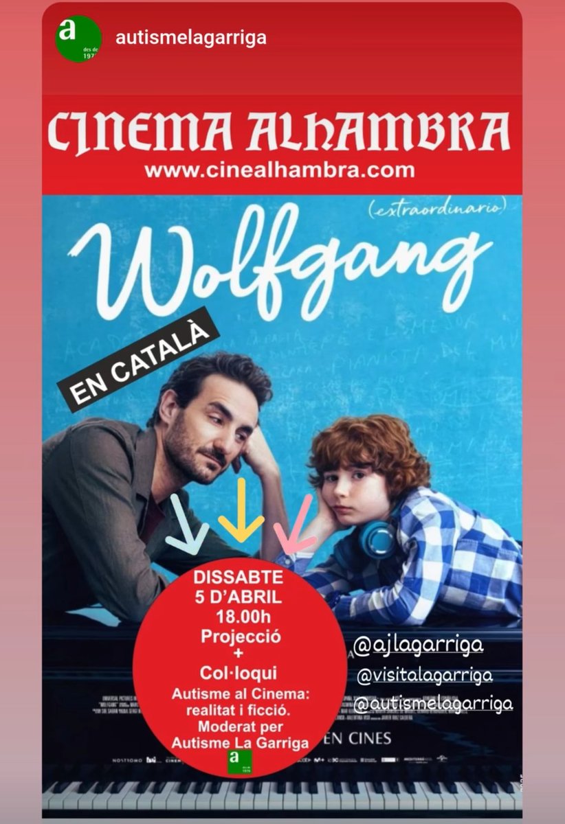 Autisme la Garriga (@autismegarriga) on Twitter photo El 5 d’abril a les 18 hores el <a href="/CineAlhambra/">Cine Alhambra</a> de #lagarriga conjuntament amb @autismegarriga organitza la projecció de la pel·lícula #Wolfgang.
Després de la projecció es durà a terme un col·loqui amb el lema “#autisme al #cinema: realitat i ficció”. Us hi esperem! El 5 d’abril a les 18 hores el <a href="/CineAlhambra/">Cine Alhambra</a> de #lagarriga conjuntament amb @autismegarriga organitza la projecció de la pel·lícula #Wolfgang.
Després de la projecció es durà a terme un col·loqui amb el lema “#autisme al #cinema: realitat i ficció”. Us hi esperem!