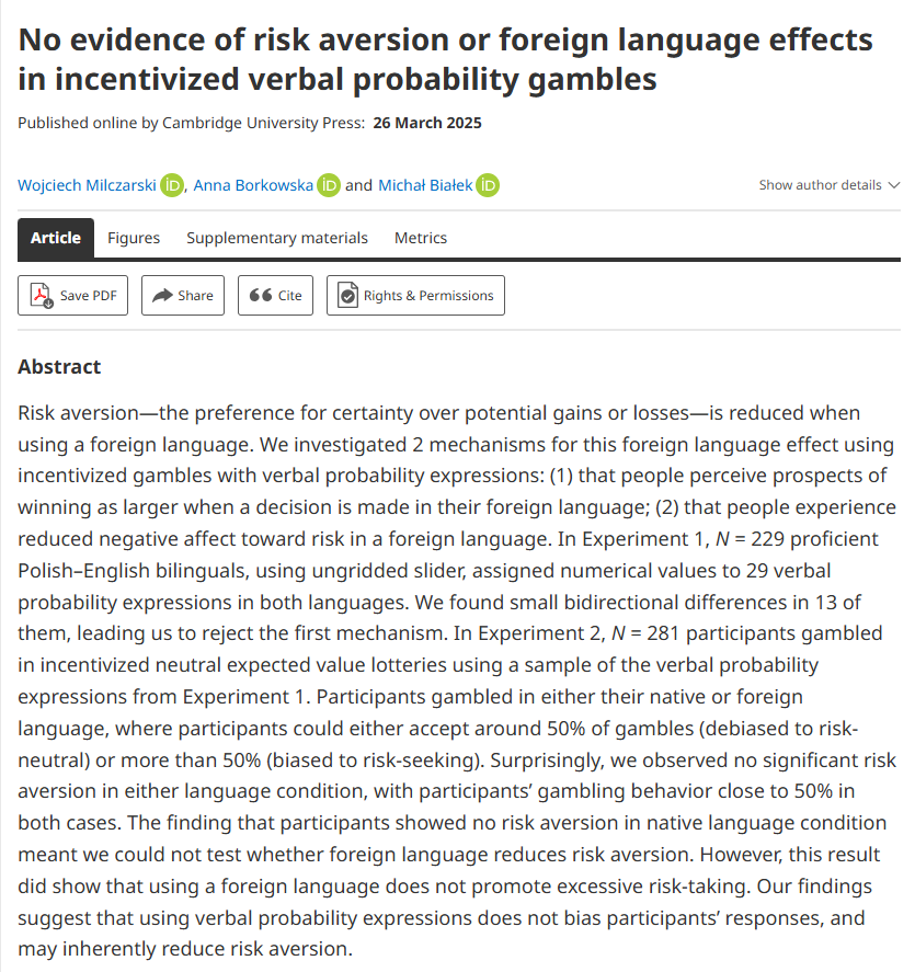 🧵 THREAD: Just published in JDM! When we use verbal expressions like "likely" or "uncertain" to describe risk (instead of numbers like "70%"), something unexpected happens - people show NO RISK AVERSION at all!  1/8