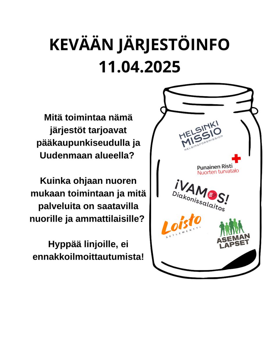 Kohtaatko työssäsi tukea tarvitsevia nuoria tai nuoria aikuisia? Pohditko, minkälaista apua ja aktiviteettia he voisivat saada erilaisten järjestöjen kautta?

Tule linjoille kuulemaan järjestöjen tekemästä työstä kevään Järjestöinfoon 11.4. klo 8.55-10.00! Osallistu tilaisuuteen