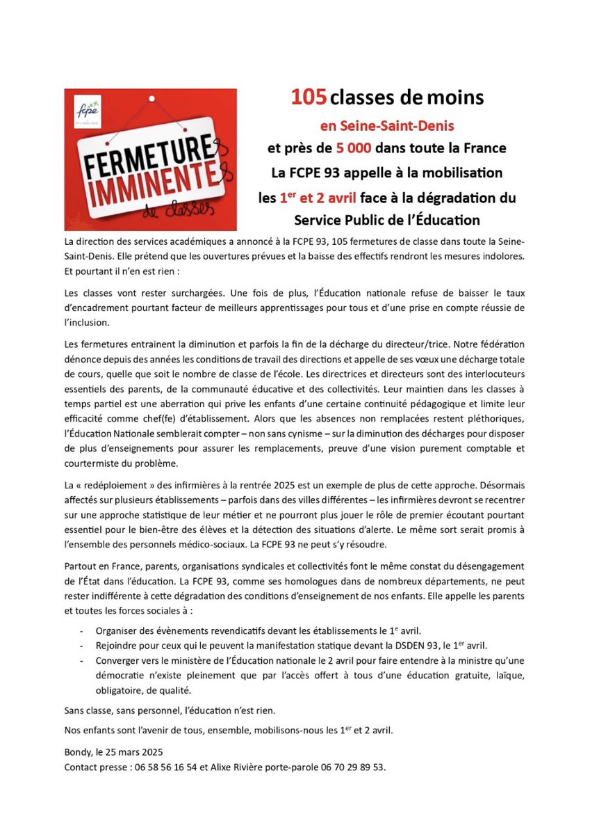 Bonjour à toutes et tous, 
105 classes de moins en Seine-Saint-Denis et près de 5 000 dans toute la France. La FCPE 93 appelle à la mobilisation les 1er et 2 avril face à la dégradation du Service Public de l’Éducation.