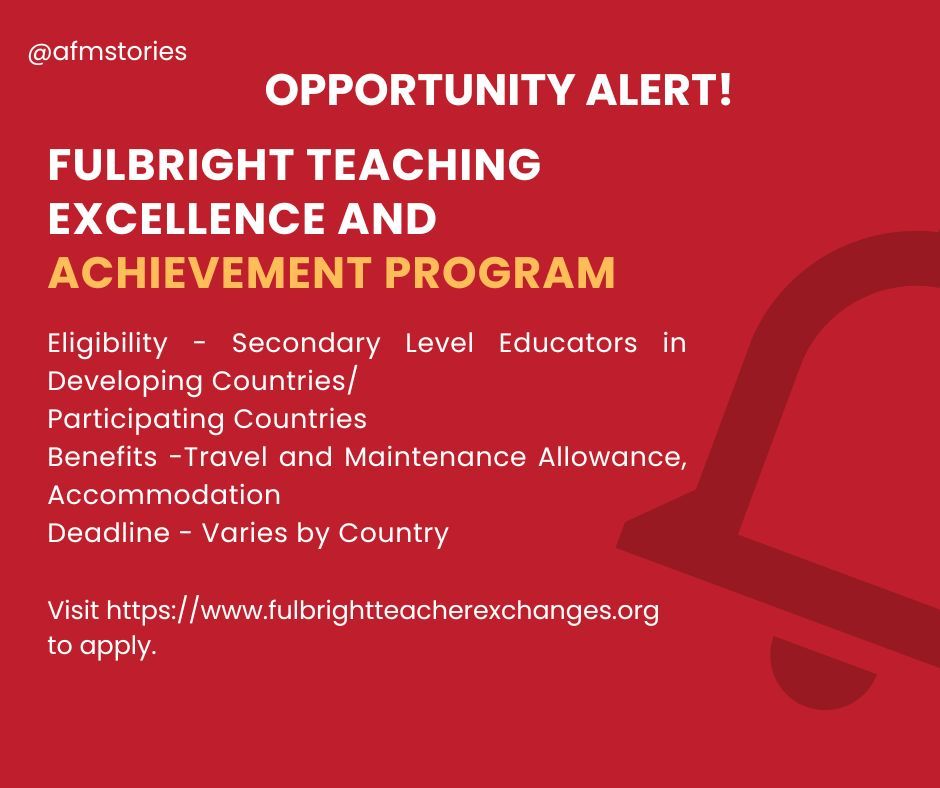 afmstories's tweet photo. Educators, here is your chance to grow! The Fulbright Teaching Excellence &amp; Achievement Program offers a fully funded opportunity to enhance your skills, exchange knowledge, and gain global experience. Apply now! 

#Fulbright #GlobalOpportunities #Educators https://t.co/78ayuKa0Re