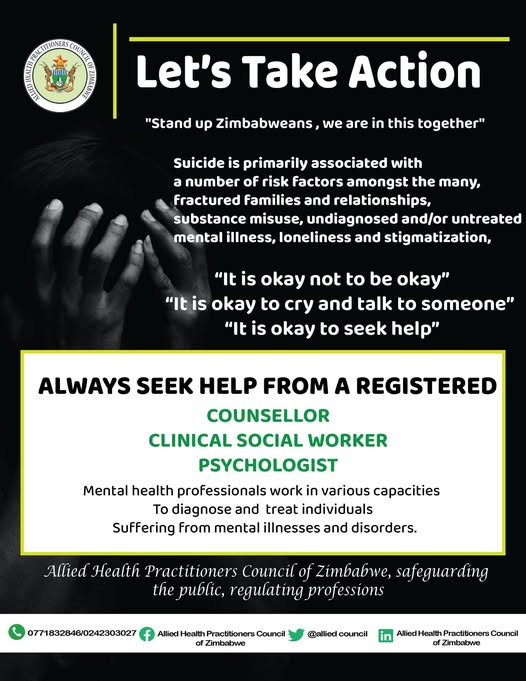 Let us take action, #standupagainstsuicide #standupagainstsubstance #mentalhealthmatters #mentalhealthsupport
Allied Health Practitioners Council of Zimbabwe safeguarding the public, regulating professions.....
