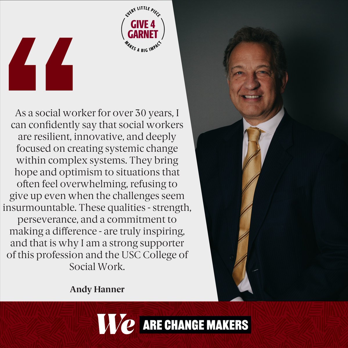 uofsccosw's tweet image. Join the Hanner challenge! ➡️ Andy Hanner and the Hanner family support our student scholarships - and it only takes 100 donors to unlock the Hanner bonus! Help us support future #socialworkers - check out his "why" and #Give4Garnet! bit.ly/41I0RM1 #BeAChangeMaker