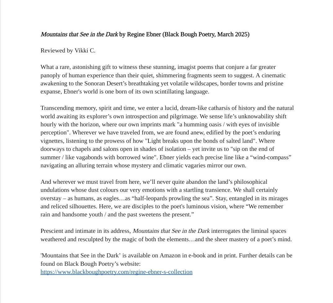 It was a great pleasure spending time with Regine Ebner's (<a href="/RegineEbner/">Regine Ebner</a>) stunning new collection 'Mountains that See in the Dark' (<a href="/blackboughpoems/">Black Bough Poetry / Barddoniaeth Y Gangen Ddu</a>) ⛰️🏜

Congratulations again to Regine &amp; Black Bough ✨️ 

Please find my mini-review below 🙏

#WritingCommunity #poetrycommunity