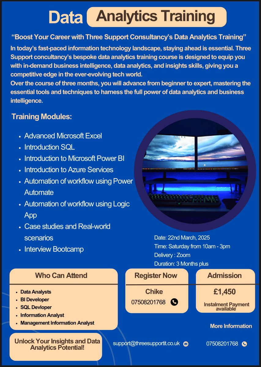 Good Morning Guys, 

If you are thinking of career change or you looking for a great life-work balance. This data analytics training opportunity is for you. Don’t miss out. Register now !!! Our training has started. 

 #DataAnalytics #PowerBi #businessIntelligence #Azure