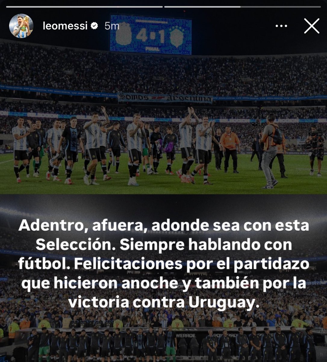 AlbicelesteTalk's tweet photo. 🚨🚨📲 Leo Messi on IG: "Inside, outside, wherever it may be with this National Team. Always SPEAKING through football. Congratulations on the great match you played last night and also on the victory against Uruguay." https://t.co/ZAT3fgQHLf