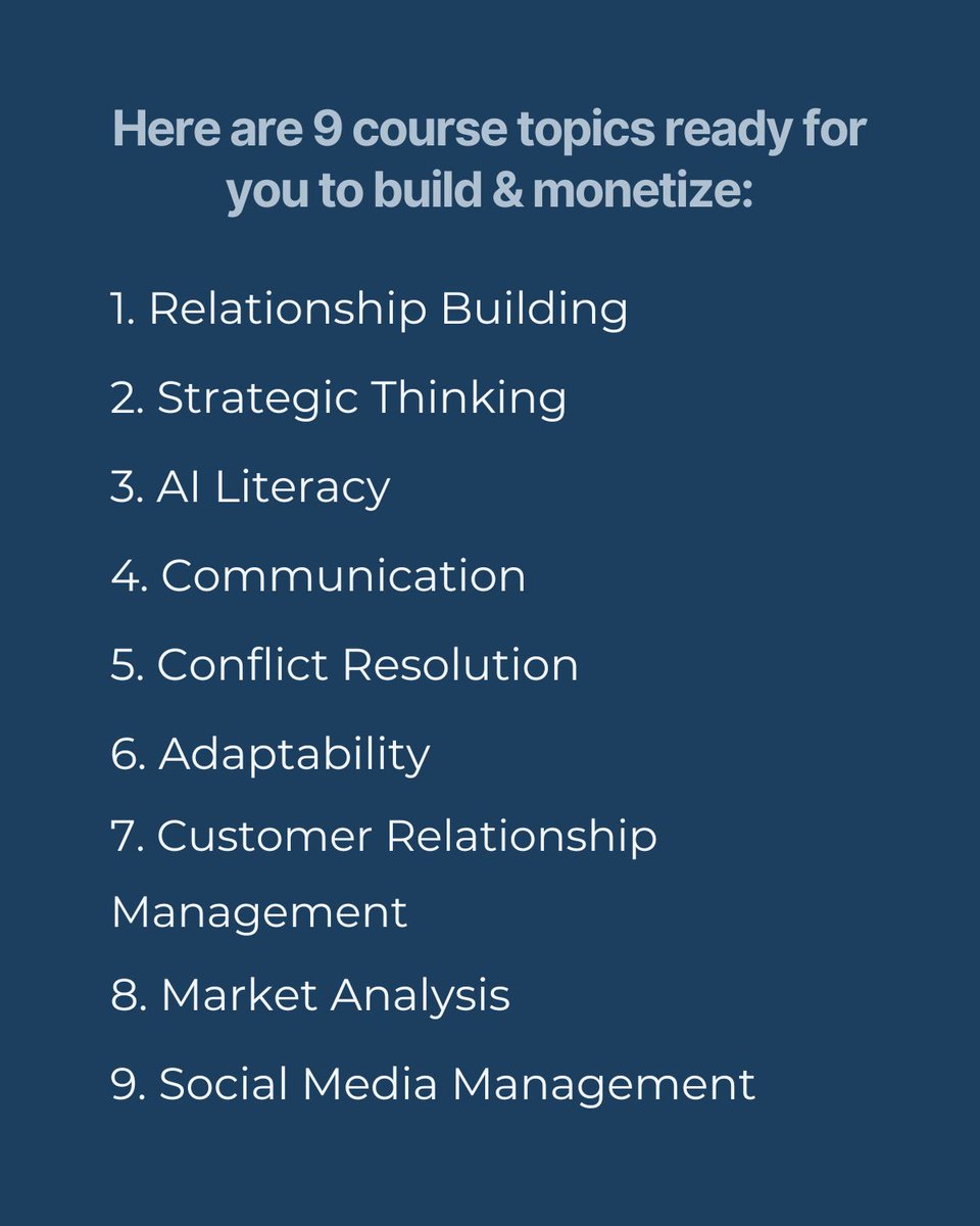 🚨 70% of your skills will be obsolete by 2030.
But the most in-demand skills of tomorrow?
Not technical. Not trendy.
🧠 They're soft skills.
Here are 9 course topics you can build right now to future-proof your learners (and your income):
👇🧵