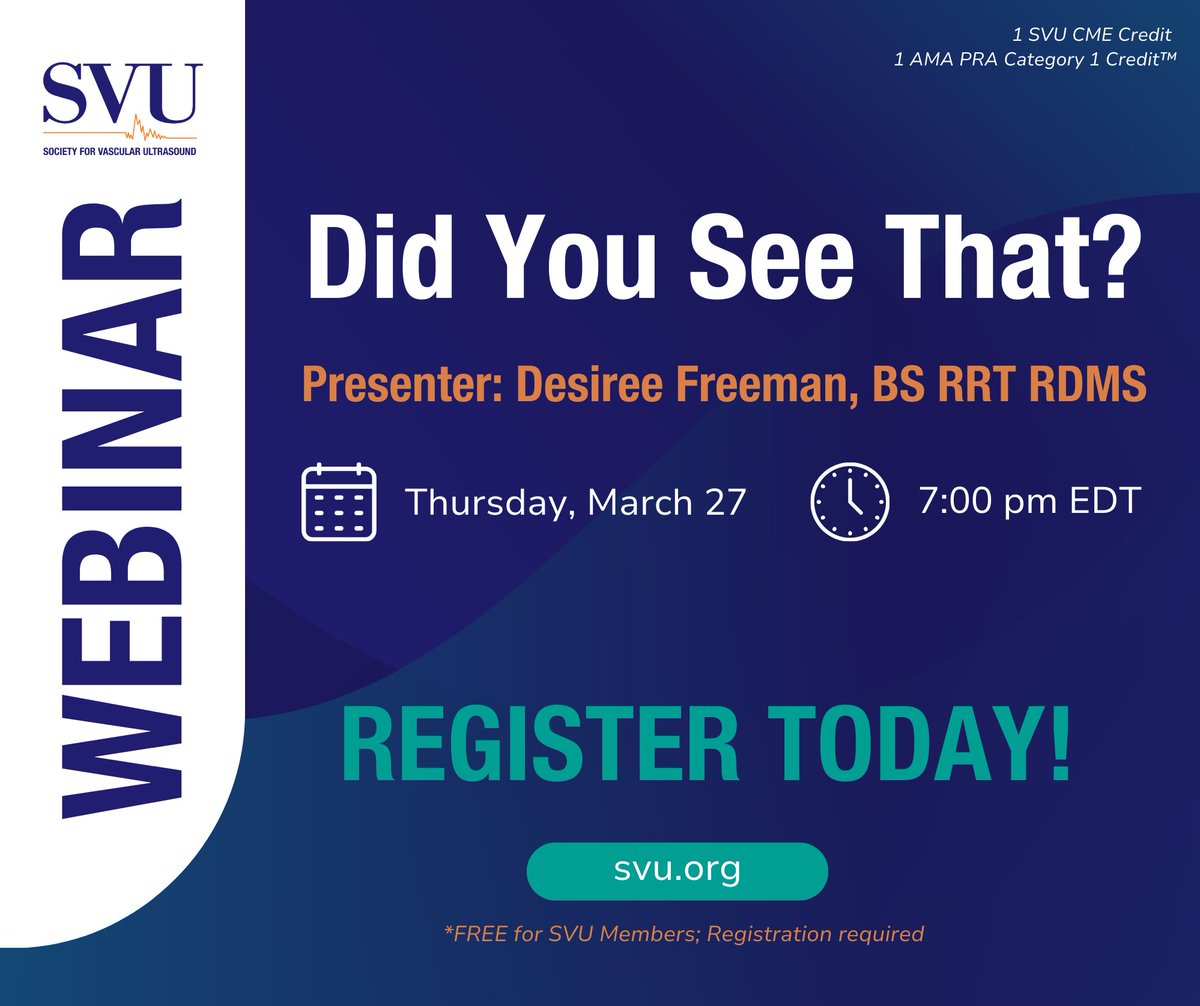 🚨 LAST CHANCE! 🚨 Join us our March webinar where we will discuss the best way to communicate incidental findings when you are performing peripheral vascular, abdominal, or extracranial carotid duplex ultrasounds. Register here: zurl.co/Xh7QR

#SVU #svuwebinar