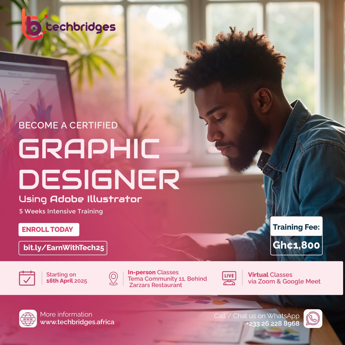 Admissions are open for our intensive training programs which start on April 16th, 2025, offering hands-on learning, and the skills you need to thrive in today’s digital world.

Apply Now: bit.ly/EarnWithTech25
📞026 228 8968 , 0247747738

#TechBridgesAfrica  #Training