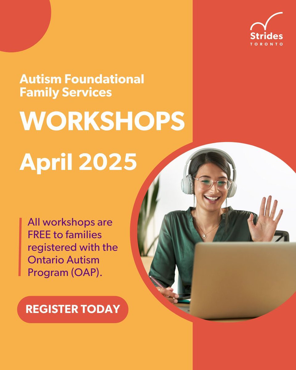 stridesTO's tweet image. Join #StridesTO’s Autism Foundational Family Services team for our April workshops beginning April 1st! 💜❤️ These workshops are free to families registered with the Ontario Autism Program (OAP).