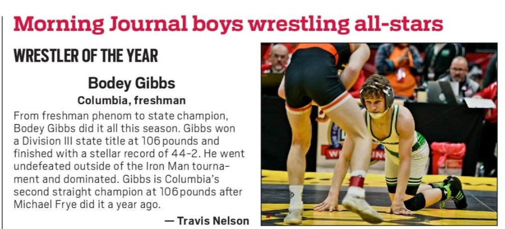 Congrats to our boys who were selected as Morning Journal All-Stars: 
Bodey Gibbs - 1st Team and Wrestler of the Year
Tanner Cochrane - 1st Team
Michael Frye - 2nd Team
Xavier Hendon - 2nd Team
Andrew Sorensen - 3rd Team
Nate Chapman - Honorable Mention
#onceaRaider