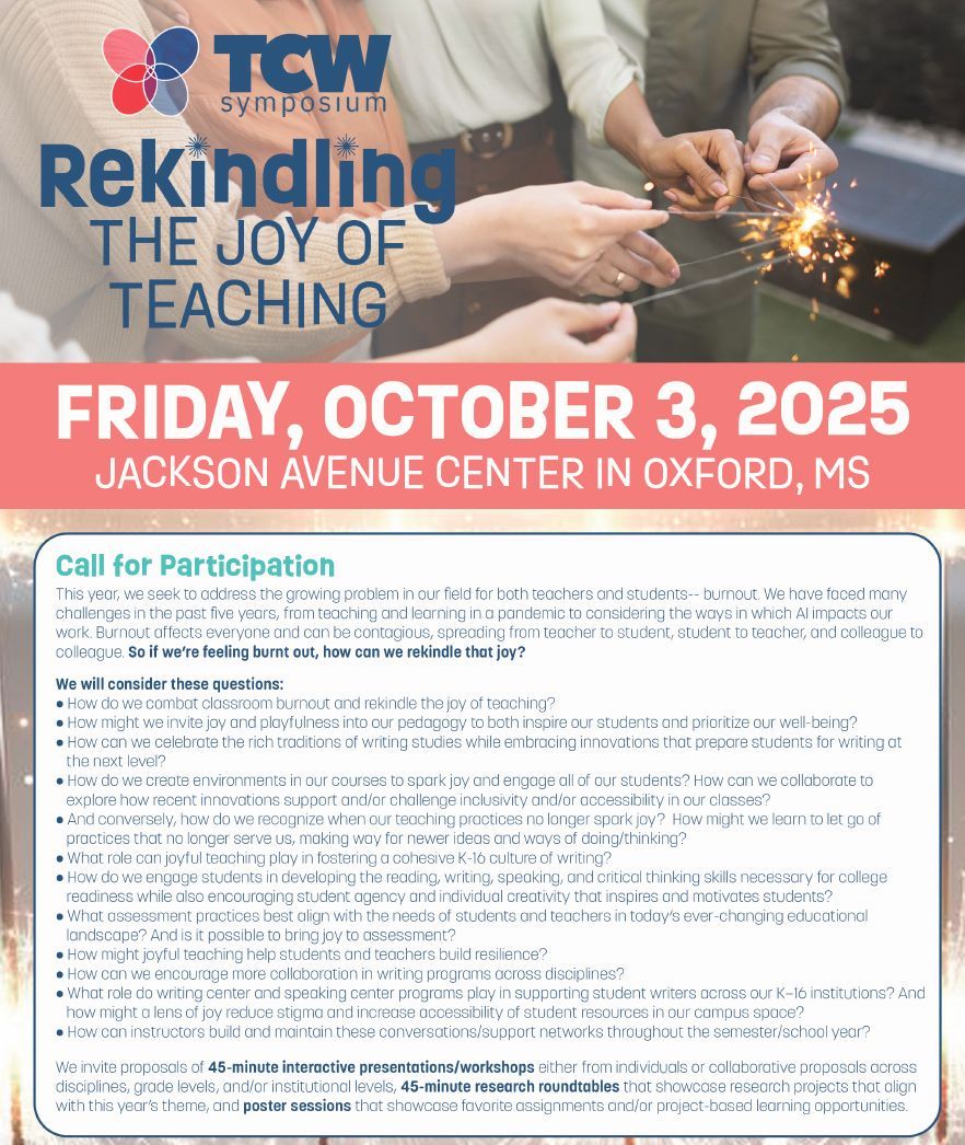 Don't forget to submit your proposal for TCW 2025!  Our theme is "Rekindling the Joy of Teaching." Check out the full CFP here:  tcwms.org/cfp/