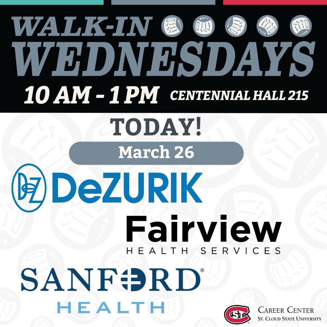 SCSUCareer's tweet photo. 🚶♂️ Walk-In Wednesday! 🚶♀️
Meet DeZURIK, Fairview Health Services & Sanford Health at the Career Center! Explore career options & job opportunities—no appointment needed!
📍 CH 215 | ⏰ 10 AM - 1 PM
#WalkInWednesday #CareerCenter https://t.co/FBqWNRUGQa