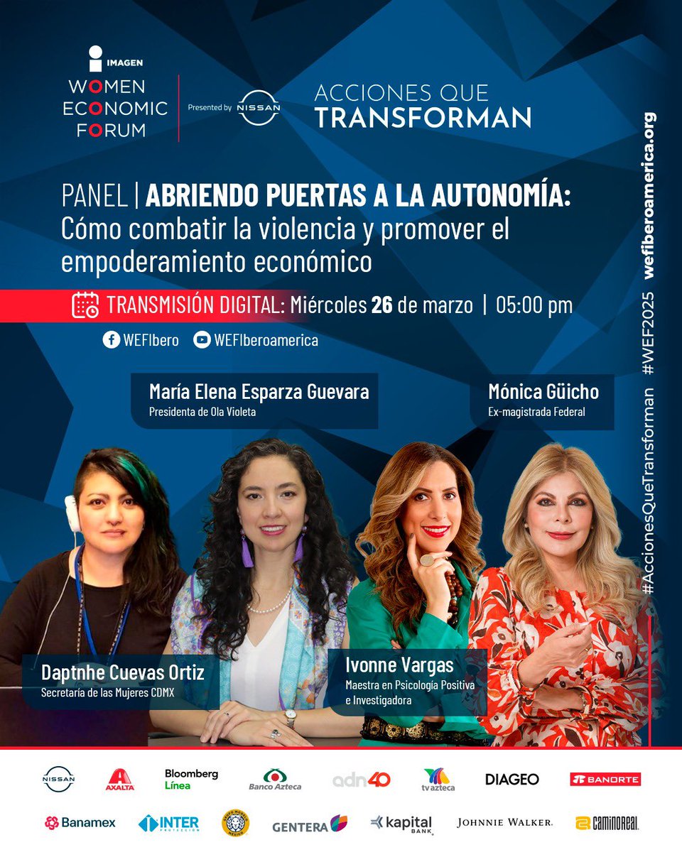 No te pierdas el panel “Abriendo puertas a la autonomía”, del <a href="/WEFIberoamerica/">WEF Iberoamérica</a>, hoy a las 5 pm en su transmisión digital. Participé con la Secr. de <a href="/SeMujeresCDMX/">Secretaría de las Mujeres</a>, <a href="/Daptnhe/">Daptnhe Cuevas 💚🌈</a>; la psicóloga <a href="/vargasivonne/">Ivonne Vargas</a>, y la ex magistrada federal <a href="/MonicaGuicho/">Mónica Güicho</a> 

facebook.com/share/1MC88iUk…
