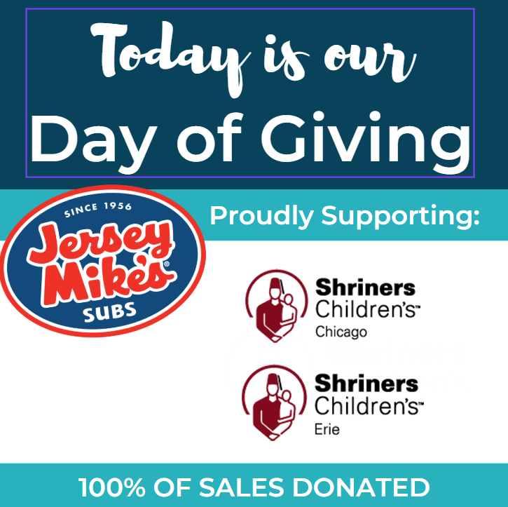 shrinershosp's tweet photo. Chicago and Erie friends: Are you looking for lunch or dinner plans today? Participating area @jerseymikes are supporting @shrinerschicago and @shrinerserie for the 15th annual Day of Giving! Find a location and learn more at https://t.co/KFaYZPxDmt.  #DayOfGiving https://t.co/3LRAbGnOoQ