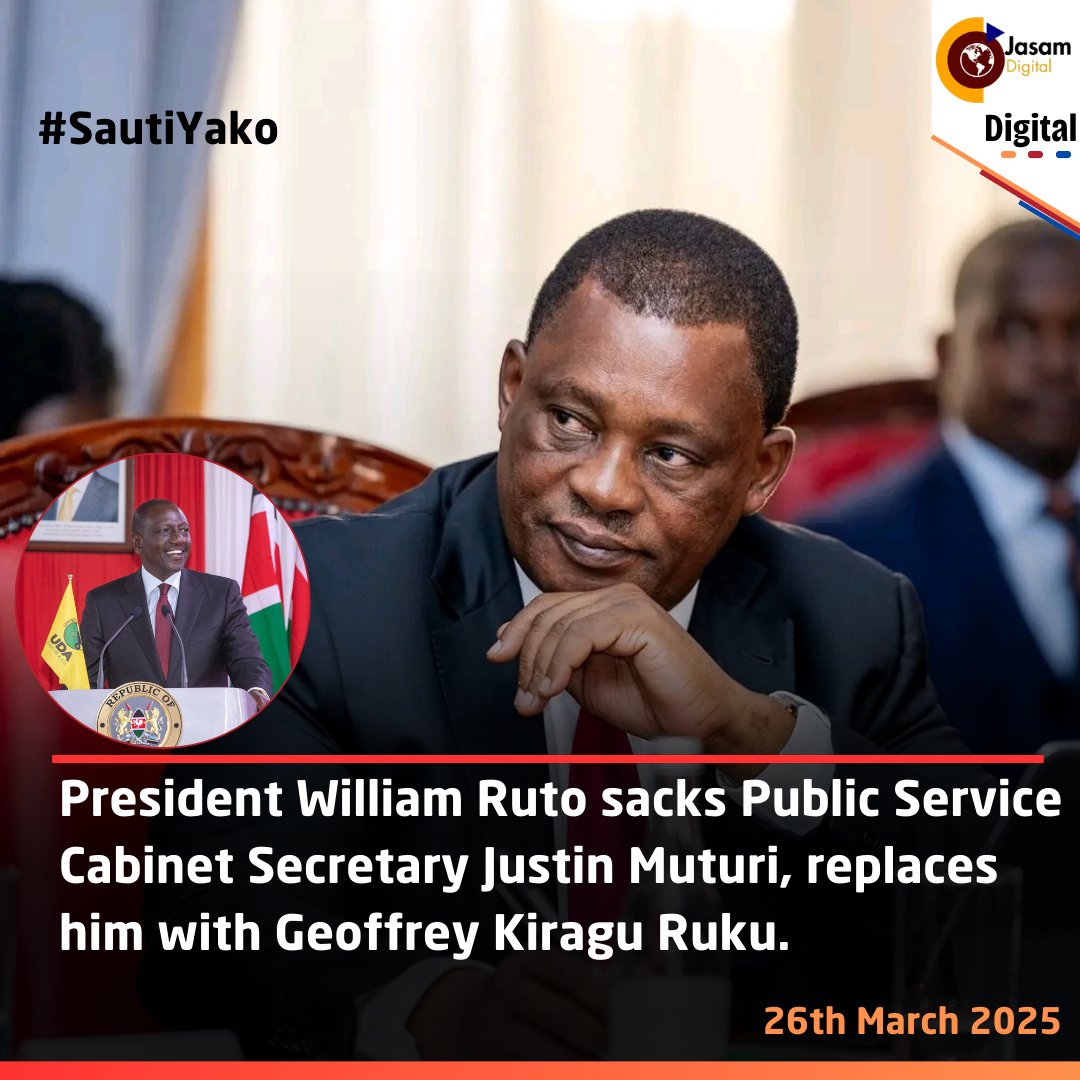 JasamCompany's tweet photo. President William Ruto sacks Public Service Cabinet Secretary Justin Muturi, replaces him with Geoffrey Kiragu Ruku.
#Jasamdigital🌎

Follow Our Channel

#Karennyamu #justinmuturi #thikaroad #presidentwilliamruto #nominates #cabinetreshuffle https://t.co/xfO0efmMuH