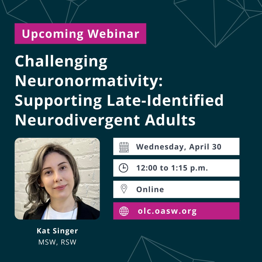 Coming up from the OLC! 🎓

Join neurodivergent therapist Kat Singer, MSW, RSW, to explore the distinct needs of adults who discover their neurodivergence later in life, particularly those with late diagnoses of autism and ADHD. 

Register today at olc.oasw.org