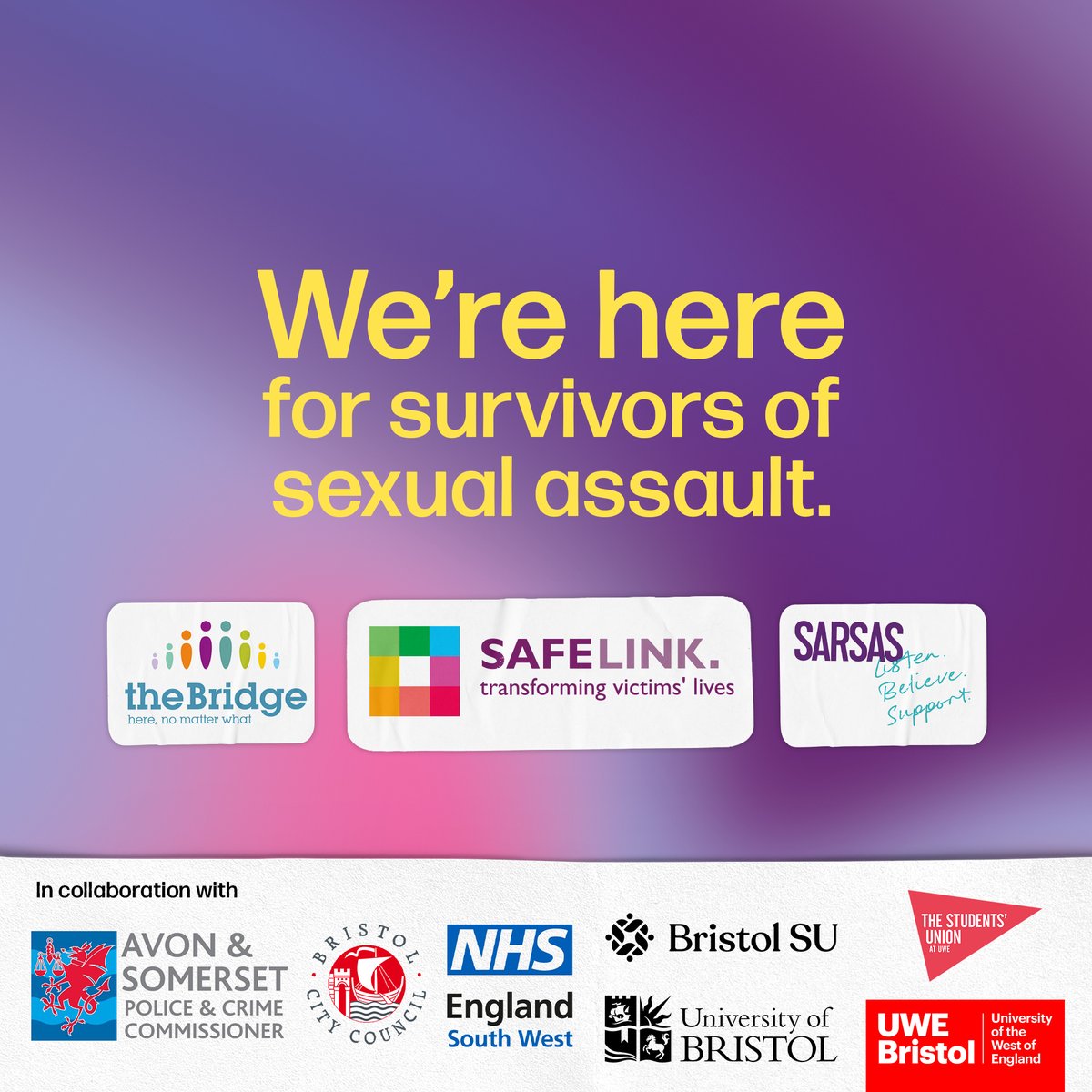 We’re proud to support the We’re Here campaign, ensuring survivors of sexual violence in Bristol know about the specialist services available to them.
Learn more: thebridgecanhelp.org.uk/were-here-land…

#WeAreHere #SupportForSurvivors