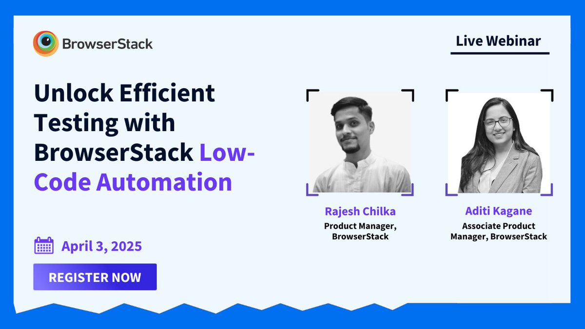 browserstack's tweet image. 🚀 Ready to streamline your testing process? 

Join our upcoming webinar to see how #BrowserStack’s Low-Code Automation is revolutionizing the way teams build and execute tests. 

With no coding skills required, both technical and non-technical teams can create, edit, and…