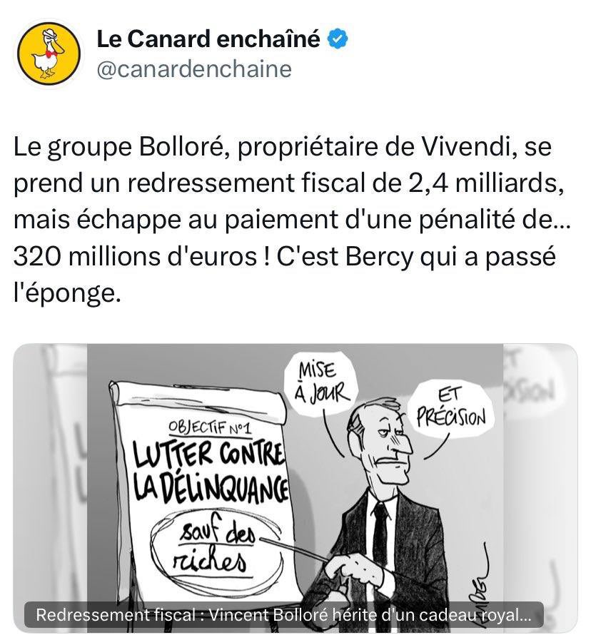 Clemence_Guette's tweet image. Le gigantesque cadeau de Macron à Bolloré.

Le fisc a effacé 320 millions d'euros de pénalités pour Vivendi, groupe de Vincent Bolloré.

320 millions en moins pour le budget de l'État.

L'extrême droite française vit sous perfusion de la Macronie. Dehors les assistés.